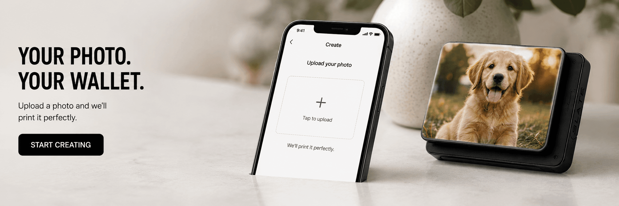 Upload a photo in the SLATE app and see it printed on a SLATE Plate, shown next to a golden retriever puppy photo on a wallet plate